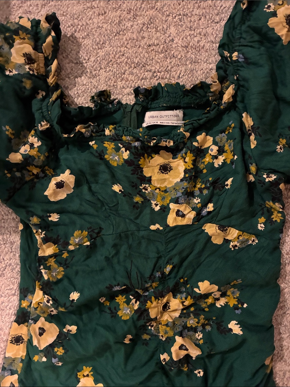 Urban Outfitters Dark Green Yellow Floral Ruffle Neck Dress